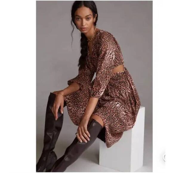 Anthropologie Ranna Gill Tan Black Gold Leopard Print Midi Dress Size Small - Picture 5 of 16